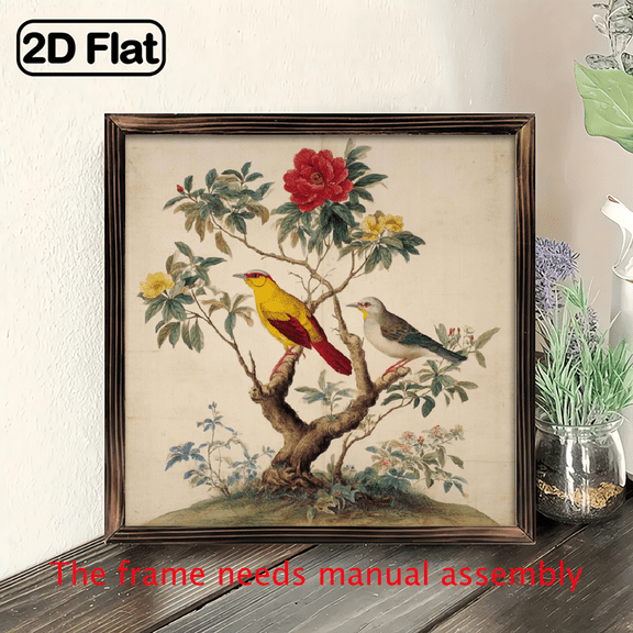 2D Flat, 1pc Whimsical Bird Branch Wooden Framed Wall Art - 8x8 Inch Square Nature-Themed Painting with Yellow Birds, Green Foliage Red Flowers Premium Wood Fram.