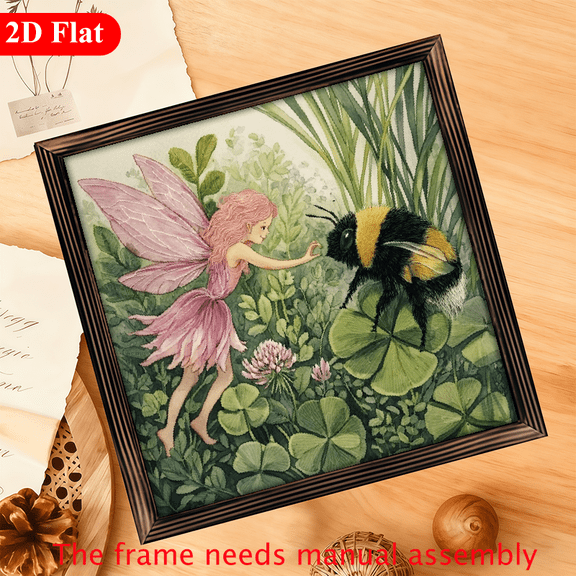 2D Flat, 1pc Whimsical Fairy Bumblebee 2D Flat Painting - Vintage Wooden Frame Wall Art, 12x12inch, Fantasy Nature Scene with Lush Greenery Flowers - Home Decor Gift for Easter, Thanksgiving, Moth
