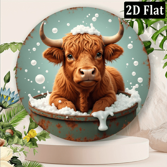 2D Flat, 1pc Whimsical Highland Cow Bath Time Round Metal Wall Art - Vintage Aluminum Decor with Floral Accents for Home, Bar, Kitchen - Unique Gift Idea, Cow Decor 8*8in