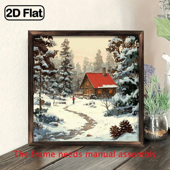 2D Flat, 1pc Winter Cabin Scene Wooden Wall Art Sign - 8x8 Inch Rustic Framed Snowy Forest Landscape with Cozy Log Cabin Snowy Mountains - Wood Print for Living Room, Bedroom, Kitchen, Bathroo