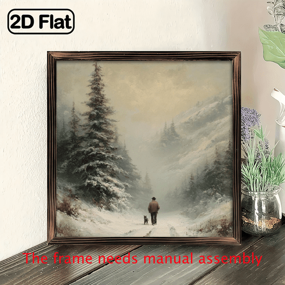 2D Flat - 1pc Winter Forest Landscape Wall Art -8x8in Framed Wooden Christmas Painting with Snowy Pine Trees Walking Couple, Farmhouse Style Holiday Decor For Living Room, Bedroom, Or O