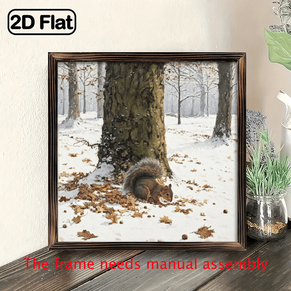 2D Flat, 1pc Winter Forest Squirrel Framed Wall Art - 8x8 Inch Snowy Woodland Cabin Decor with Squirrel Snowy Trees Painting, Artificial WoodFrame for Living Room, Kitchen, Bathroom - Easy to Hanging