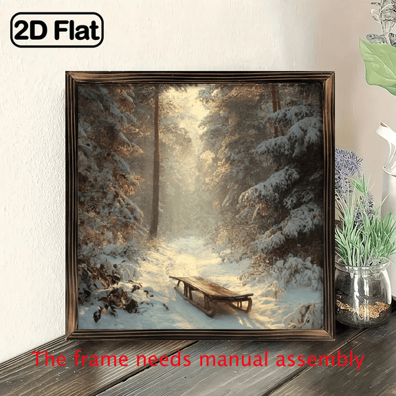 2D Flat, 1pc Winter Forest Trail Wood Framed Wall Art - 8x8 Inch Rustic Farmhouse Style Snowy Forest Scene with Sled Cabin, Wood Horizontal Hanging Decorative Sign for Living Room, Office, Cabin