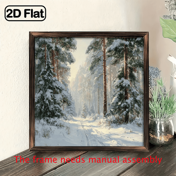 2D Flat, 1pc Winter Snowy Forest Wall Art - 8x8in Framed Wooden Picture, Rustic Christmas Winter Scene with Snow-Covered Trees Pine Cones, Indoor Home Office Living Room Bedroom Decor, C