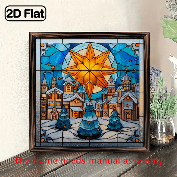 2D Flat, 1pc Winter Village Stained Acrylic Sun Catcher Window Hanging Decor - 8x8 Inch Bohemian Square Wall Art with Snowy Church Houses Design, Vibrant 2D Flat Print for Christmas, Halloween