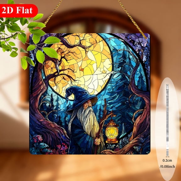 2D Flat, 1pc Wizard Moon Acrylic Suncatcher - Decor with Gnome Moonlit Forest Design, 8x8Inches, Easy to Hang for Window, Room, Garden, Farmhouse, Porch8*8in