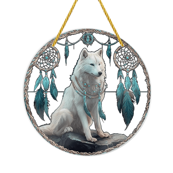 2D Flat, 1pc Wolf Dream catcher Acrylic Hanging Sun Catcher - 8x8 Inch Round Two Wolves Howling at Moon Wall Decor, Retro Outdoor Ornament for Window Sill, Porch, Garden Gift, No Electricity Nee