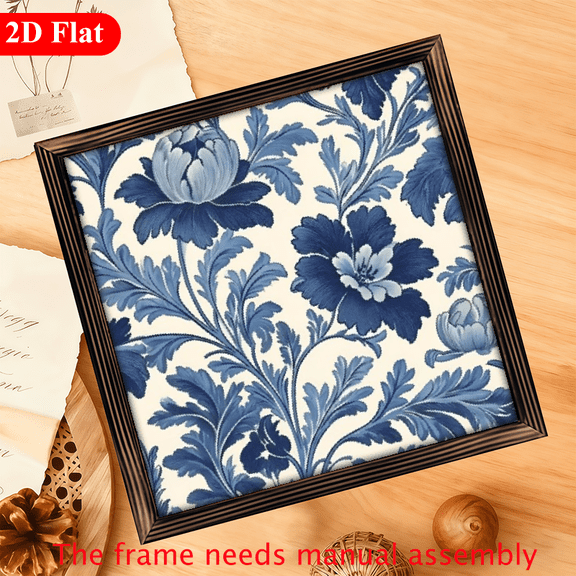 2D Flat 1pc Wood Frame Sign, Wood Frame, Blue Tone Flowers, Intricate Branches and Leaves, Classical Pattern Style, 12x12inch Wooden Wall Art Prints for Living Room, Bedroom, Office, Bathroom, Dor