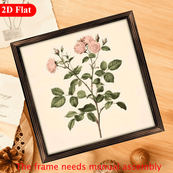 2D Flat 1pc Wood Frame Sign Wood Frame Rose branches, pink roses and green leaves, classical botanical illustration style Wooden Wall Art Prints 12x12inch Wood Painting For Living Room Bedroom Off