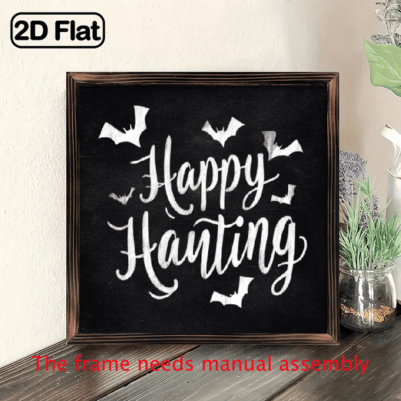 2D Flat, 1pc Wood Framed Happy Haunting Wall Art Sign - 8x8 Inch Gothic Bat Cursive Lettering Decor with Black Chalkboard-Style Background, Ready-to-Hang Vertical Hanging for Halloween Party,, Room