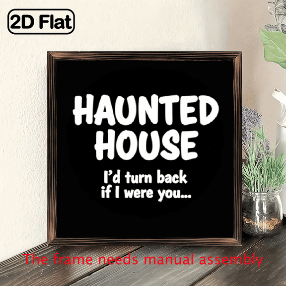 2D Flat, 1pc Wood Framed Haunted House Wall Art Sign - Gothic Haunted House Text Message Board-Style Decoration, Ready-to-Hang 8x8 Inch Panel forOutdoor Spooky Room Decor, Halloween Party