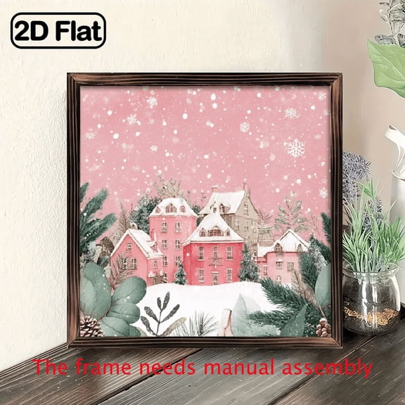2D Flat, 1pc Wood Framed Pink Winter Village Wall Art - 8x8 Inch Large Frame, Pastel Pink Snowy Houses Pine Trees with Twinkling -like Effect, Wood Grain - Rustic Scandinavian Christmas Decorat