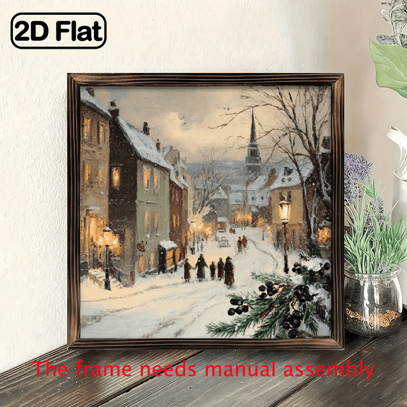 2D Flat, 1pc Wood Framed Winter Snowfall Village Wall Art - 8x8 Inch Eye View European-Style Christmas Cobblestone Street Scene with Realistic Snowflakes - Rustic Wood Frame for Cozy Winter Home