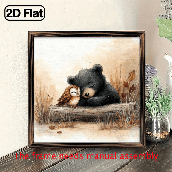 2D Flat 1pc WoodFrameWooden Wall Sign Bear and Owl, Tranquil Winter Scene, Watercolor Realistic Style Wall Art 8x8in Prints Print Painting For Living Room Bedroom Office Bathroom Dorm Home Decor