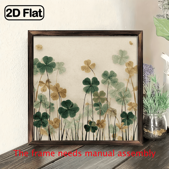 2D Flat 1pc WoodFramed Lucky Clover Wall Art - Rustic Four- Clover Field Sign, WoodFrame Clover Pattern, St Patrick's Day Decor, Irish Luck for Home Office, Kitchen, Garden