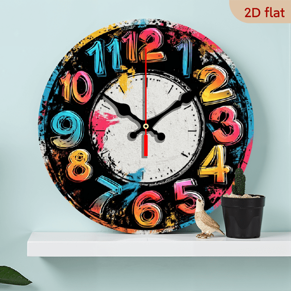 2D Flat 1pc Wooden Colorful Graffiti Wall Clock - Silent Non-Ticking Quartz Movement, Modern Round Clock with Vibrant Number Faces Hands - 10 Inch Large Easy-to-Read, For Living Room, Bedroom, Off