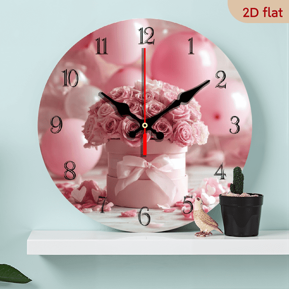 2D Flat 1pc Wooden Elegant Floral Wall Clock with Roses - Silent Non-Ticking Round Clock Suitable for Home, Office, - Decorative Gift (25 cm) - Artificial Wood Frame, - Hands Roman Numerals for, 2