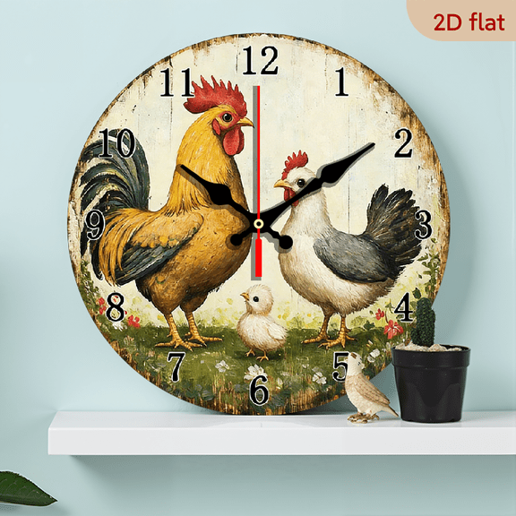 2D Flat 1pc Wooden Farm Chicken Wall Clock with Rooster Hens - Silent Quartz Movement, - Numbers, Round Wood Clock Suitable for Farmhouse, Room, Kitchen, Office - Artificial Wood Frame