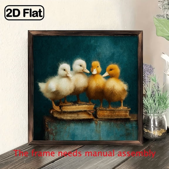2D Flat, 1pc Wooden Frame Wall Art, 8x8 Inch, Vintage Nursery Wall Decor - Three Ducklings Reading Book Poster - Turquoise Golden room Art - Framed Canvas Gender-Neutral Kids Room Painting.