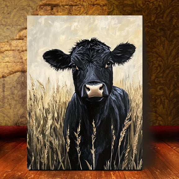 2D Flat, 1pc Wooden Framed Angus Cow Canvas Print - Rustic Farmhouse Wall Art with Black & Golden Accents, Perfect for Home Decor, Family Gifts, Or Warm Festival Commemoration