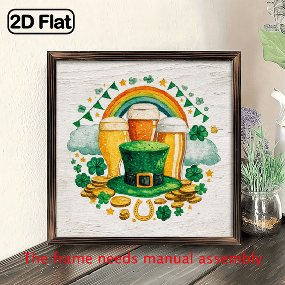 2D Flat - 1pc Wooden Framed Art St Patrick'S Day Decorative Board Painting, Green Hat Print Poster, Spring Cartoon Wall Decoration, Four-leaf Clover Desktop Decoration.8*8in