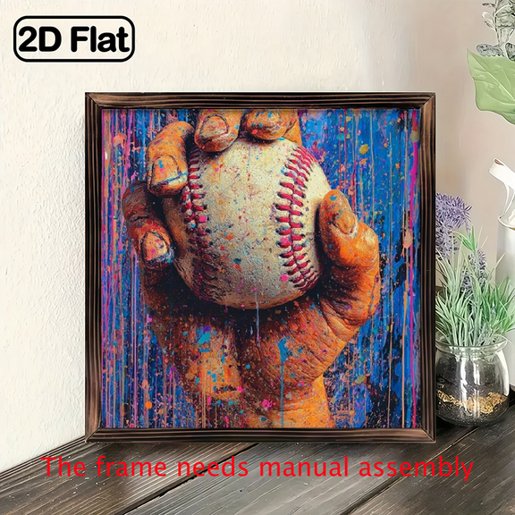 2D Flat, 1pc Wooden Framed Baseball Art Print, Versatile Sports Wall Decor for Room, Bathroom, Kitchen, Ideal for Christmas, Halloween, Birthday, Graduation, Back to School Gifts.
