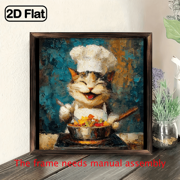 2D Flat 1pc Wooden Framed Canvas Painting Cute Chef Cat Cooking Art Prints Wall For Bedroom Living Room Home Decor Whimsical Animal Kitchen Canvas Print .