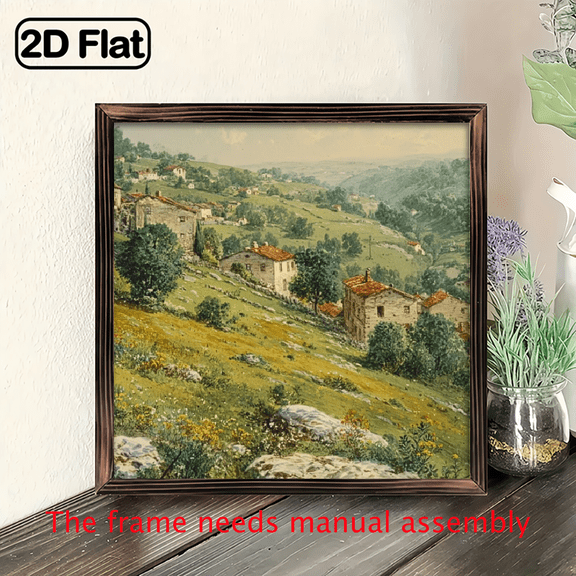 2D Flat, 1pc, Wooden Framed Country Village Scenery Art Sign, with Framed Farmhouse Classical Painting Decorative Sign for Bedroom, Garage, Office, Farmhouse Desk Decor, Ideal Gift for Family Frie