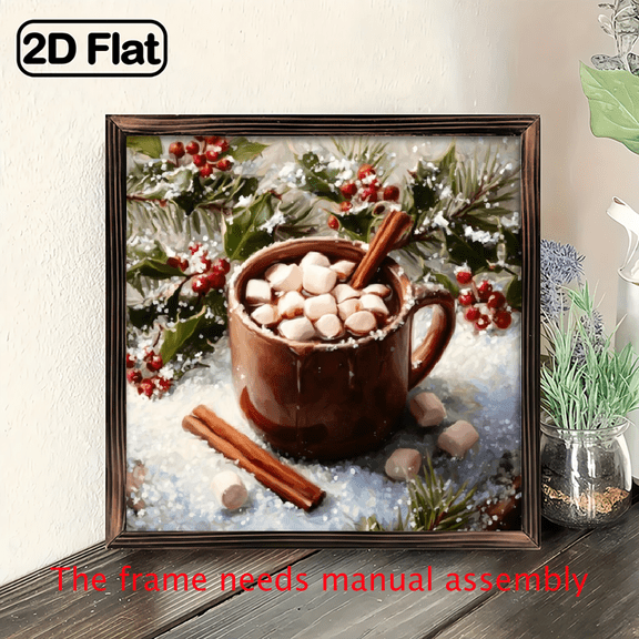 2D Flat, 1pc Wooden Framed Cozy Winter Cocoa Sign - 8x8 Rustic Vintage Wall Art, Hot Cocoa Marshmallow Design, Christmas Decor, Metal Christmas Sign Gingerbread, Vintage Christmas Signs, Tree Po