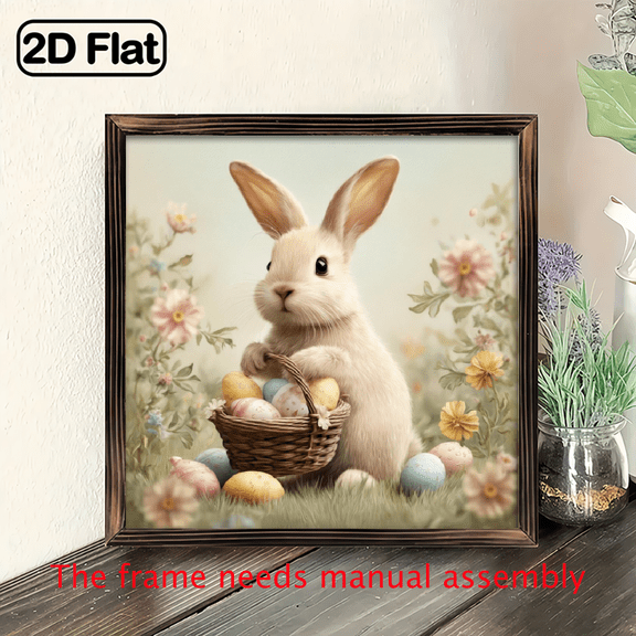 2D Flat, 1pc Wooden Framed Easter Bunny Egg Basket Wall Art - 8x8 Inch Square Pastel Pink Green Floral Rabbit Design with Easter Eggs.