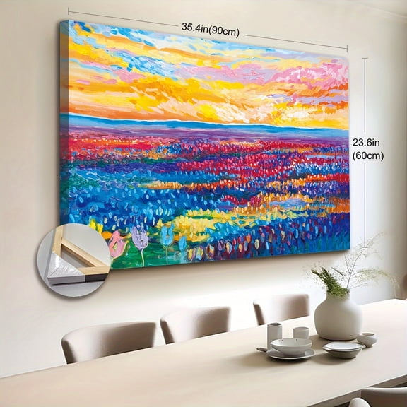 2D Flat 1pc Wooden Framed Extra Large Canvas Wall Art, Beautifully Colored Field of Tulips Canvas Print, Oil Painting Landscape Wall Art, Colorfull Flower Art Drawing Poster, Ready to Hang
