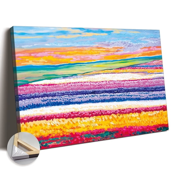 2D Flat 1pc Wooden Framed Extra Large Canvas Wall Art, Beautifully Colored Field of Tulips Canvas Print, Landscape Wall Art, Colorfull Flower Art Drawing , Ready to Hang