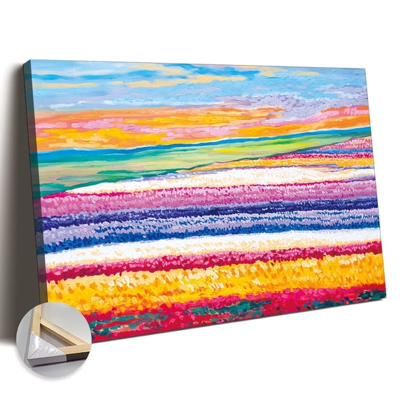 2D Flat 1pc Wooden Framed Extra Large Canvas Wall Art, Beautifully Colored Field of Tulips Canvas Print, Oil Painting Landscape Wall Art, Colorfull Flower Art Drawing Poster, Ready to Hang