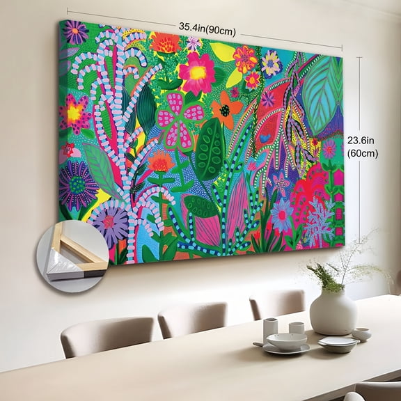 2D Flat 1pc Wooden Framed Extra Large Canvas Wall Art, Colorful Floral Botanical Artwork on Canvas, Bright Botanical Whimsical Flowers Print, Modern home decor,