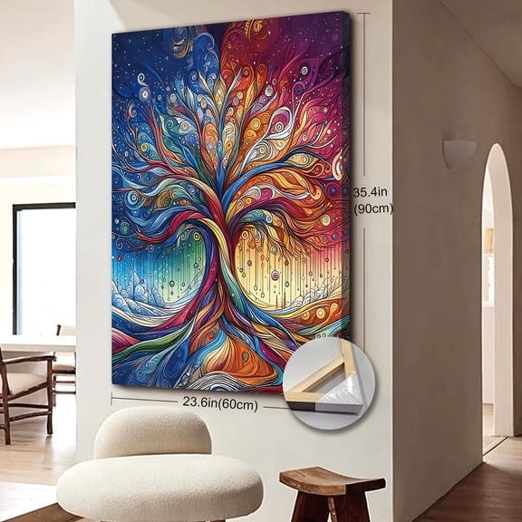 2D Flat 1pc Wooden Framed Extra Large Canvas Wall Art, Colorful Rainbow Tree of Life Canvas Print - Abstract Yggdrasil Painting Wall Art, Tree of Life Wall Art,