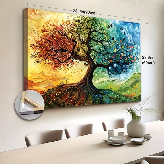 2D Flat 1pc Wooden Framed Extra Large Canvas Wall Art, Tree Of Life Canvas Print, Colorful Seasons Tree Art, Vibrant Nature Wall Art, Abstract Tree Canvas, Four Seasons Home Decor