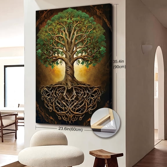2D Flat 1pc Wooden Framed Extra Large Canvas Wall Art, Tree of Life Canvas Wall Art, Yggdrasil Canvas, Mandala Home Decor, Spiritual Celtic Tree Artwork, Norse Mythology Canvas