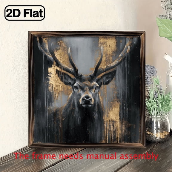 2D Flat, 1pc Wooden Framed Painting Majestic Stag Print Canvas Art Deer Portrait Wall Decor Framed Forest Animal Artwork Give her and him holiday gifts ready to hang in the room, bathroom or kitc.