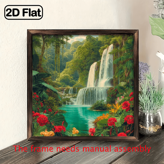 2D Flat, 1pc Wooden Framed Tropical Waterfall Lush Foliage Wall Art - Vertical Serene for nature Landscape Painting with Vibrant Greenery Red Flowers, Classic Art Deco Style for Bedroom, Office, C