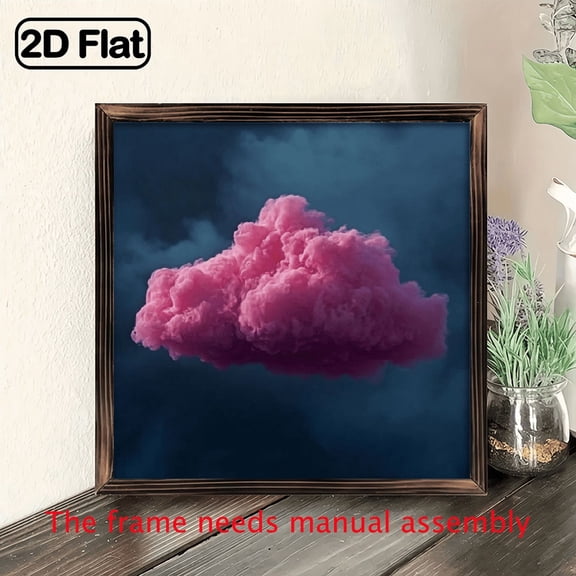 2D Flat, 1pc Wooden Framed Wall Art, 8x8 Inch, DecorativeSign, Plaque, 1pc Abstract Pink Cloud Oil Painting on Wrapped Pine Wood Canvas, Modern Art Poster for Home Decor and Accessories.