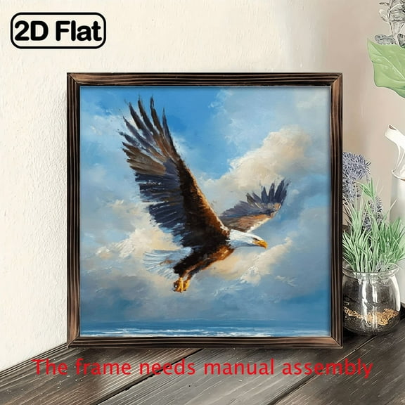 2D Flat, 1pc Wooden Framed Wall Art, 8x8 Inch, DecorativeSign,Vintage Eagle and Ocean Scene Wall Art Black Framed Canvas Print with Majestic Eagle in Flight Over Waves, Perfect for Bedroom.