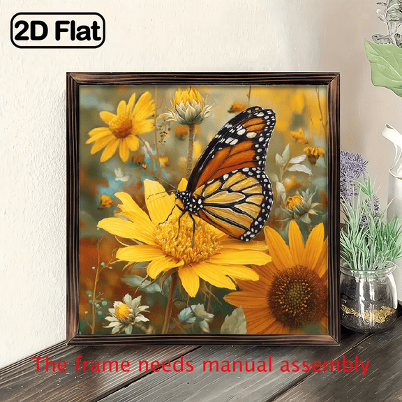 2D Flat, 1pc Wooden Framed Wall Art - 8x8 Inch Vibrant Butterfly Sunflower Painting, Nature-Inspired Floral Scene with Orange Monarch Butterfly on Yellow Sunflowers, Rustic Farmhouse Decor for