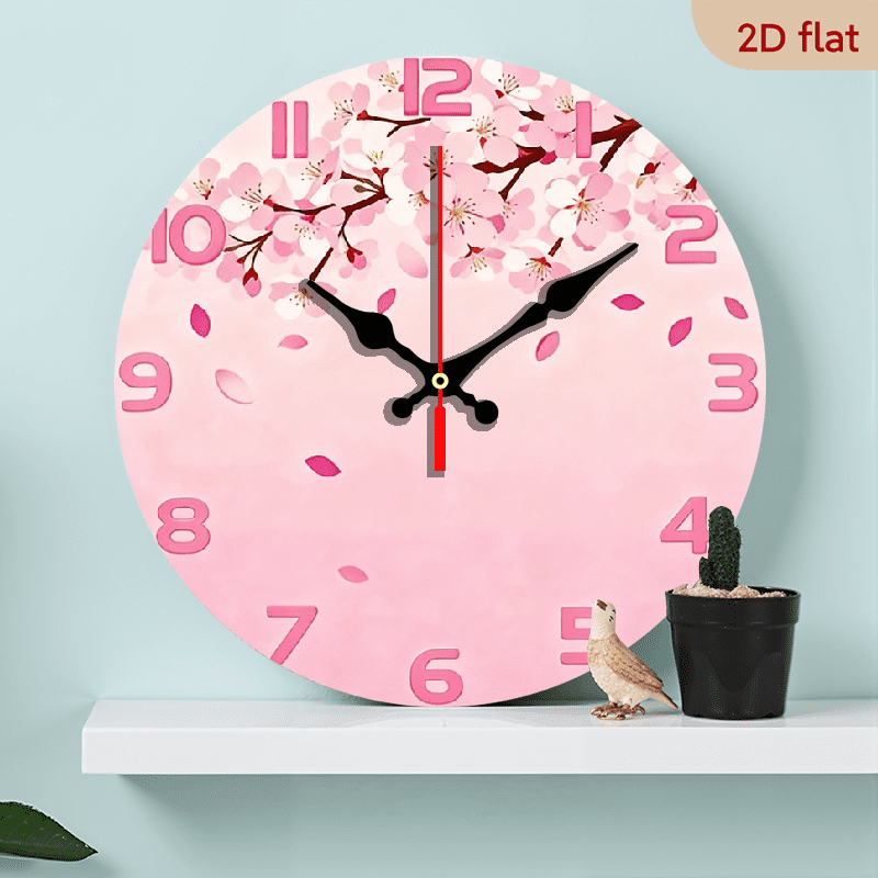 2D Flat 1pc Wooden Inspired Cherry Blossom Pink Wall Clock with Large ...