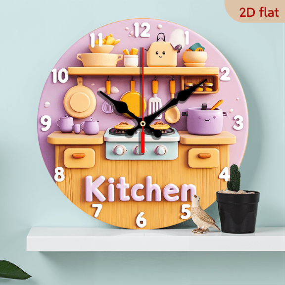 2D Flat 1pc Wooden Kitchen-Themed Wall Clock with Cute Cooking Utensils DecorSilent Round Clock - Perfect Decoration for Bedroom, Living Room, Office, Kitchen and Bathroom - 10 Inch
