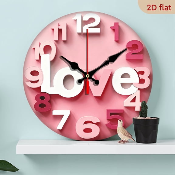 2D Flat 1pc Wooden Modern Pink Love-Themed Wall Clock - 10 Inch Large Easy-to-Read Numbers, Mechanical Quartz Movement, Silent Operation, Auto Shut-Off, Pink Design for Bedroom, Living Room Decor