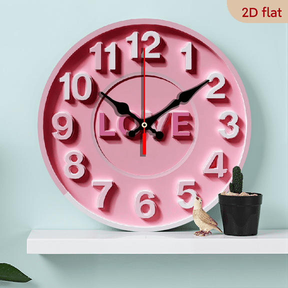 2D Flat 1pc Wooden Modern Pink Love-Themed Wall Clock - 10 Inch Large Easy-to-Read Numbers, Mechanical Quartz Movement, Silent Operation, Auto Shut-Off, Pink Design for Bedroom, Living Room Decor