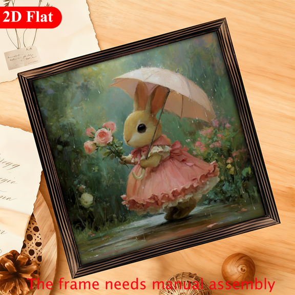 2D Flat, 1pc Wooden Rabbit with Umbrella Garden Path Collectible Figurine, Rustic Wall Art, Farmhouse Style Home Decor, Versatile Indoor Decorative Sign, with No Electricity Needed, for Kitchen, B