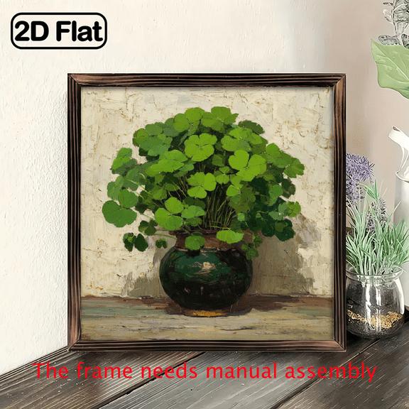 2D Flat - 1pc Wooden Sign 8x8inch Modern Green Clover Art Print on Wood board for Home Wall Decor. Nature Botanical Painting Elegant Rustic Style.