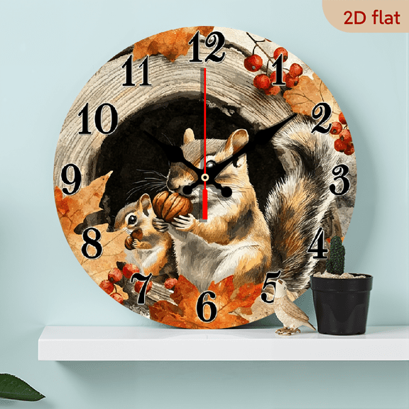 2D Flat 1pc Wooden Silent Non-Ticking Wall Clock - Autumn Forest Decor with Squirrels, Acorns Red Berries - Wooden Silent Modern Farmhouse Clock for Living Room, Bedroom, Kitchen - Battery-Powered