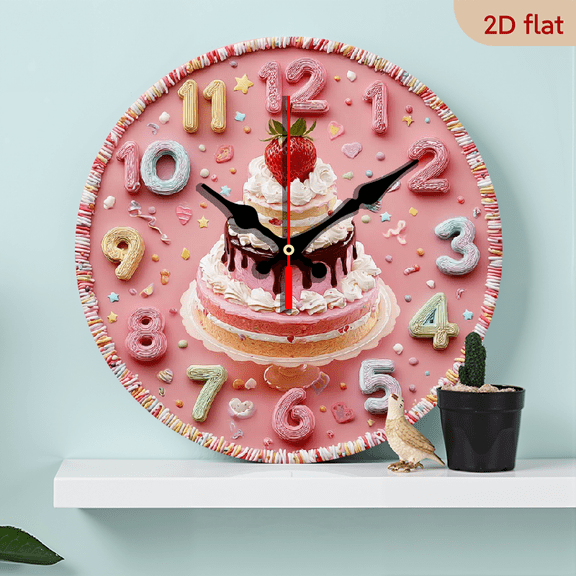 2D Flat 1pc Wooden Sweet Dessert-Themed Wall Clock with Cake, Lollipop Ice Numbers 10Inch - Silent Movement, Large Round Face for Room,, Bedroom, Living Room - Artificial Wood (No Included), 2D Fl